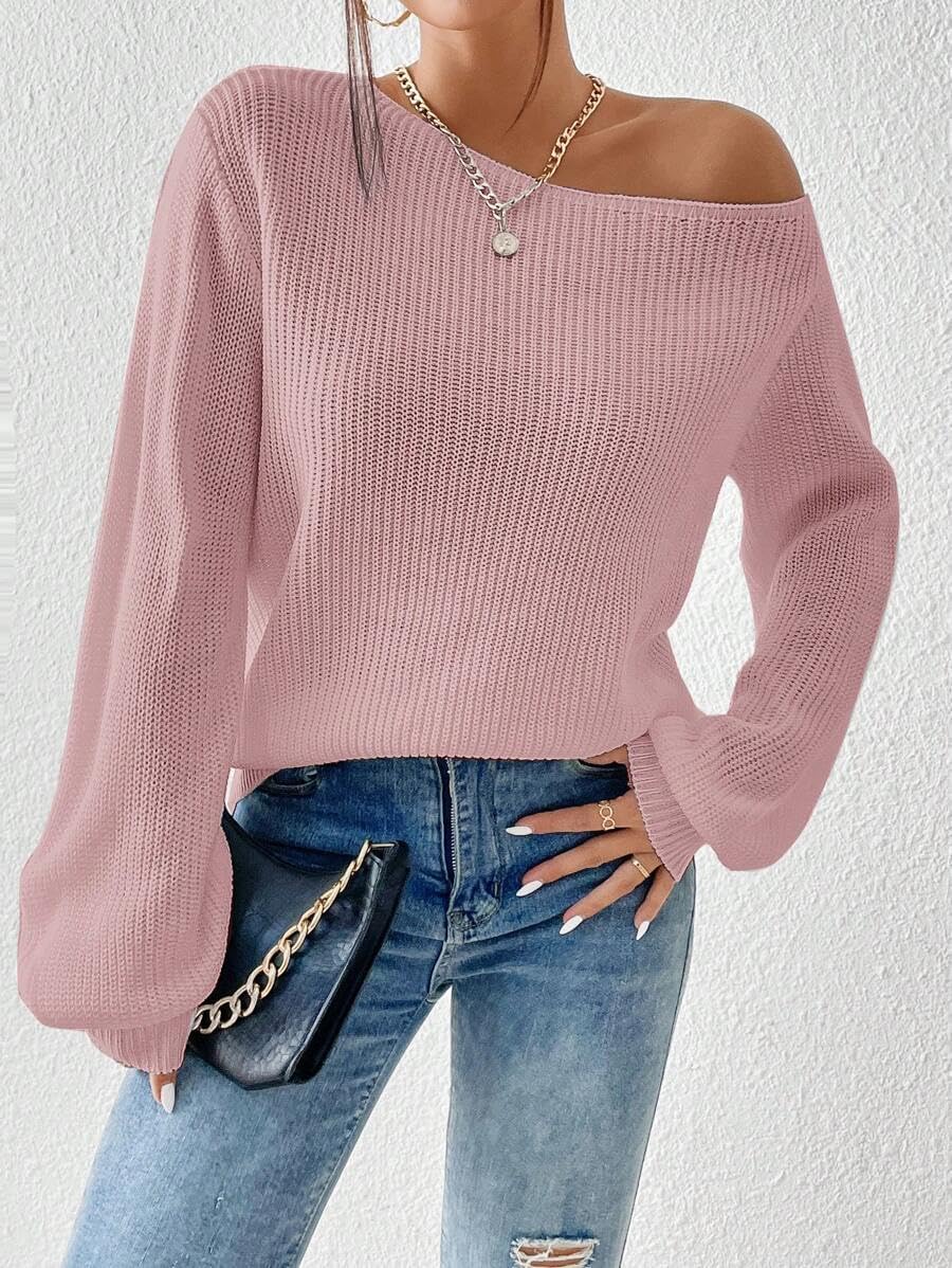 SKAYS Womens Off The Shoulder Sweater Asymmetrical Neck Fall Ribbed Knit Long Sleeve Pullover Sweaters Lightweight Top - Image 4