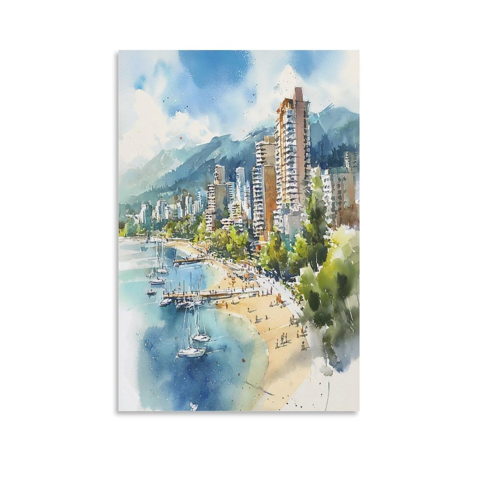 Xwymxz Unframe-Style Vancouver Beach 20X30inch(50X75cm) Vintage Travel Poster Watercolor Canvas Art