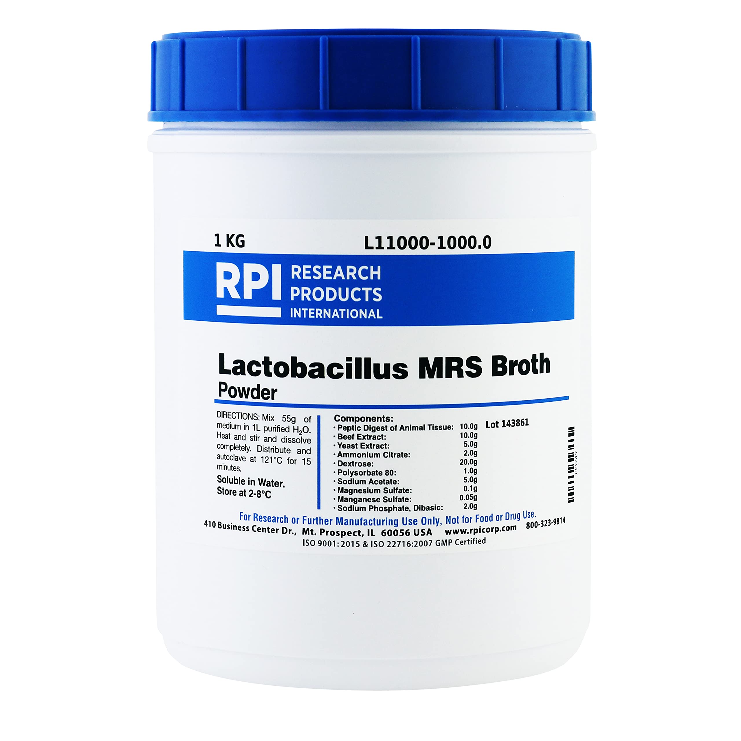 RPI L11000-1000.0 Lactobacillus MRS Broth Powder, 1kg
