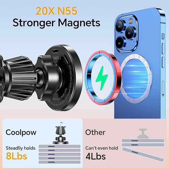 Coolpow for MagSafe Car Mount ChargerUltra MagnetMagnetic Phone Holders for Your Car Charger Magnetic Wireless Car Phone Holder Charger Car Accessories for Women Cell Phone Mount for iPhone 17 16 15