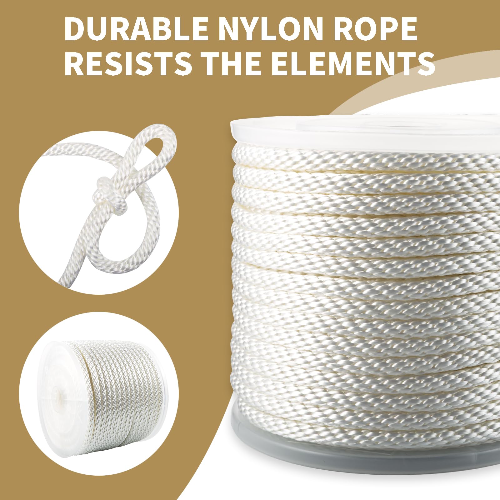 Cuerda trenzada sólida de nailon blanco de 3/8 pulgadas, 200 pies, alta resistencia a los rayos UV y a la abrasión, grado industrial, baja elasticidad, multiusos para postes de bandera, tendederos
