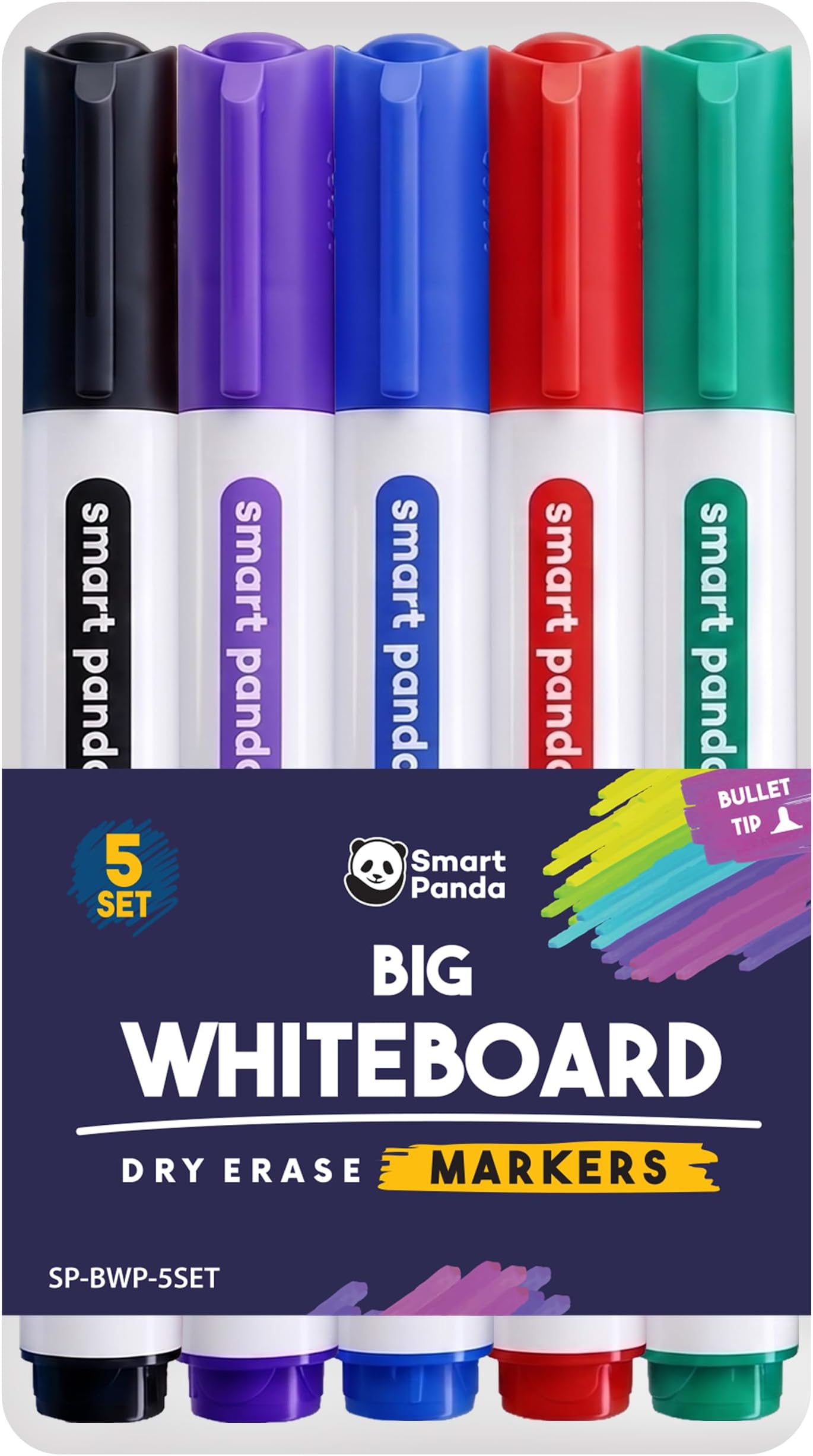 5 Big Whiteboard Pens by SmartPanda – Bullet Tip Whiteboard Markers – Dry Erase Markers, Perfect for Home, School or Office - 5 Set Assorted Colours