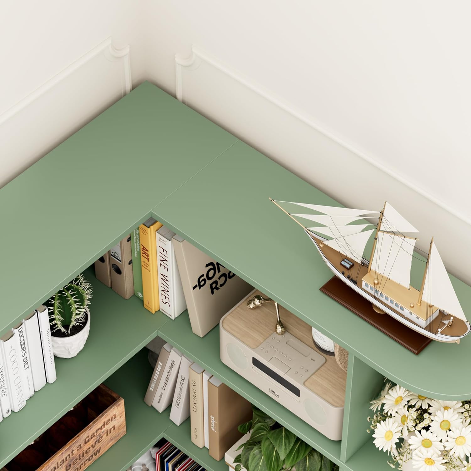 FOTOSOK 74” Tall Corner Bookshelf, 6-Tier Bookshelf and Bookcase with Open Storage, Tall Bookcases Wooden Storage Shelves for Home Office, Thickened Boards for Better Load Bearing, Green