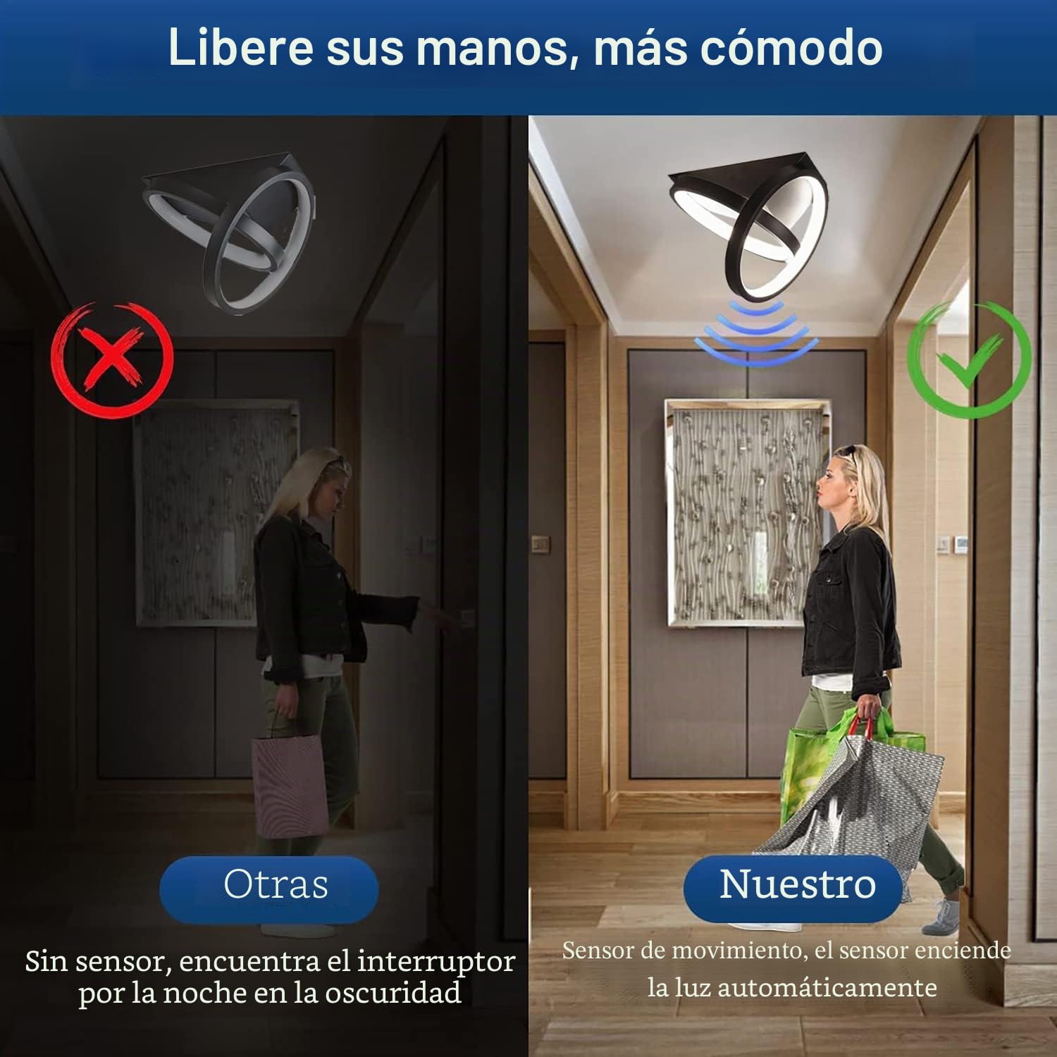 Plafón LED con Detector de movimiento Lámpara de Techo de anillo Moderno con Sensor de luz 26W 3000K Iluminación de techo Para Pasillo Escaleras Balcón Garaje Dormitorio Cocina Sala de Estar Oficina