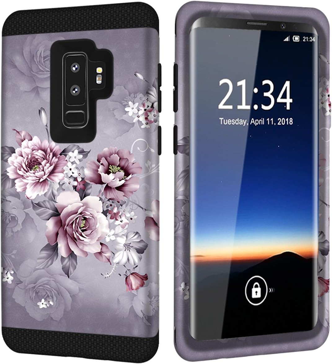 Galaxy S9 Plus Case w/Unique Floral Design, SM-G965 Case, Hocase Sturdy 3-Piece Heavy Duty Shockproof Hard Armor Cover Rubber Protective Case for Samsung Galaxy S9 Plus 2018 - Light Purple Flowers