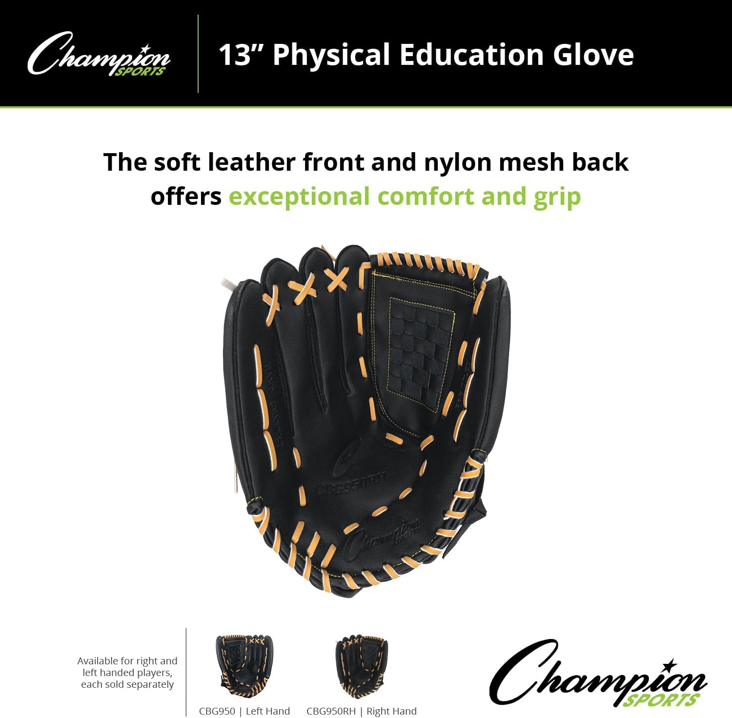 Champion Sports Exceptional Comfort Grip Left-Handed Glove - Triple Bar Open Web with Fastback Design - Deep-Set Pocket, Adjustable Wrist Strap with Velcro® Closure - Adult XL - H.S.