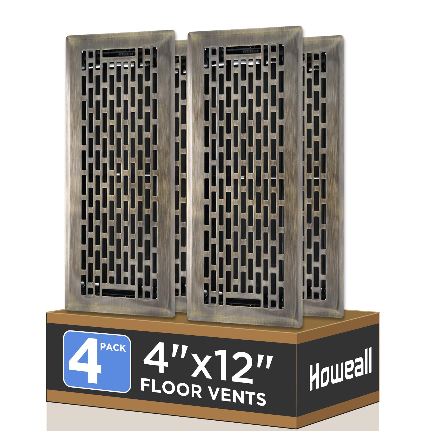 Howeall 4x12 Inches 4 Pack Heavy Duty Walkable Floor Register - Easy Adjust Air Supply Lever Decorative Floor Vent Covers, Boston Design Vent Covers for Home - Antique Brass — image 1