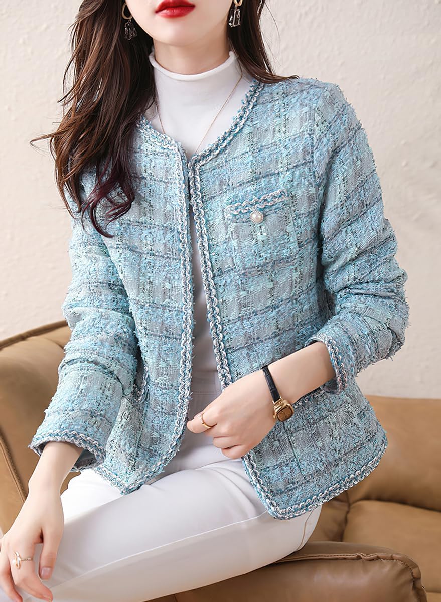 Cardigan élégant pour Femme Veste en Tweed Travail décontracté Cardigan de Bureau Haut Court Slim sans col Boutonné Veste de Costume d'affaires décontractée