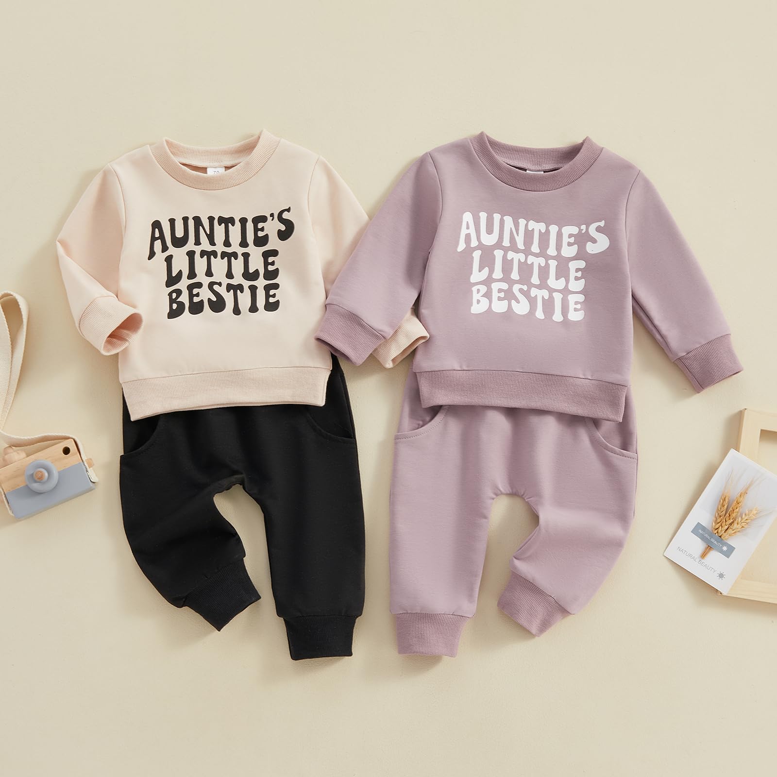 Aunties Bestie Baby Clothes Gender Neutral Baby Boy Girl Long Sleeve Sweatshirt Pullover Pant Fall Solid Color Outfit (K Black, 0-6 Months)