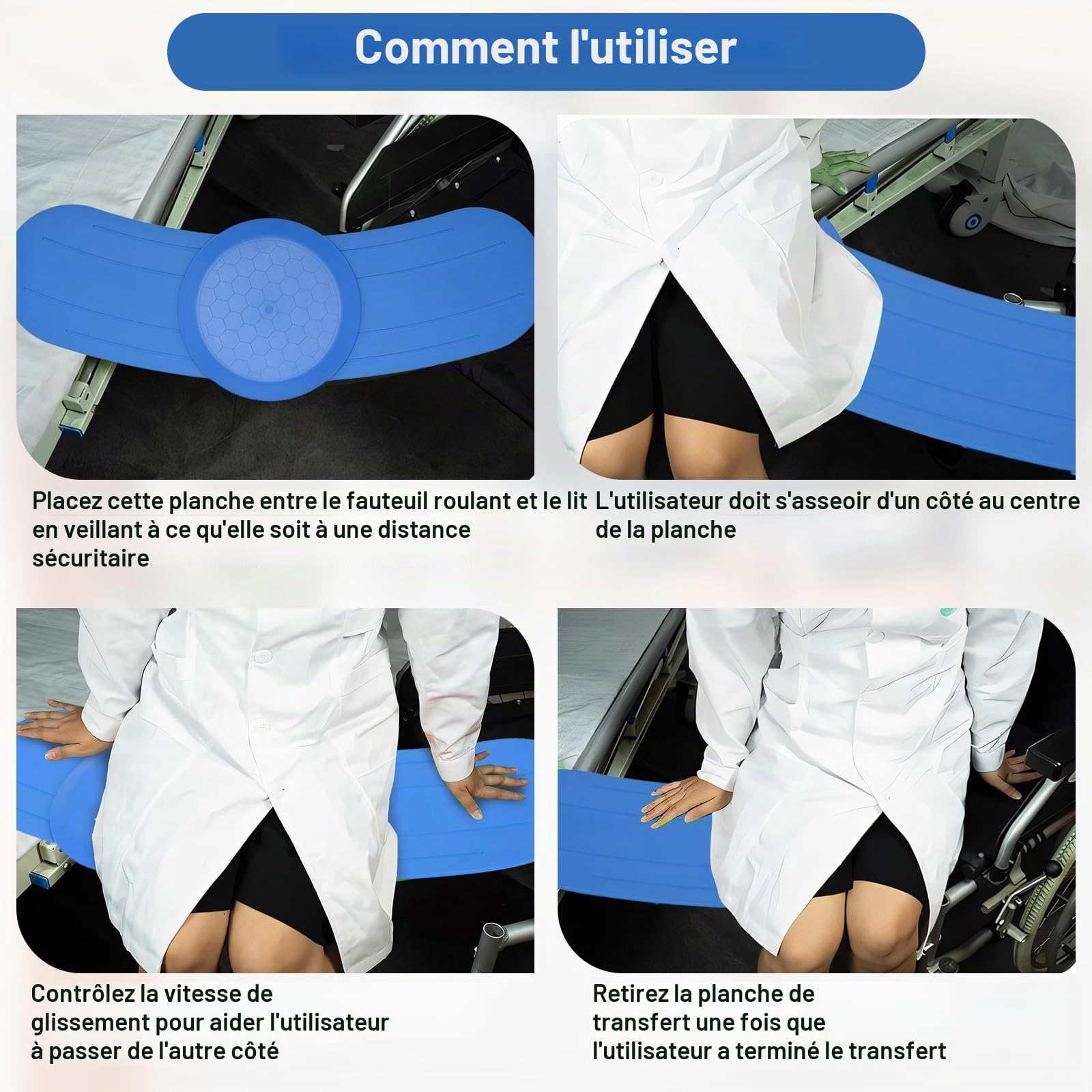 Planche de transfert pour fauteuil roulant, planche incurvée pour fauteuil roulant, aide au transfert pour personnes âgées ou handicapées, système de transfert facile pour le transfert du