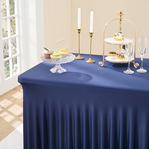 Miniatura 3 de gogoparti Mantel de elastano azul marino de 6 pies, paquete de 2 manteles para mesas rectangulares de 6 pies, faldas de mesa ajustables elásticas