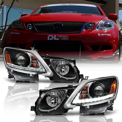 ACANII - For [HID/Xenon w/o AFS] 2006-2011 Lexus GS300 GS350 LED Strip Black Projector Headlights Headlamps Left+Right