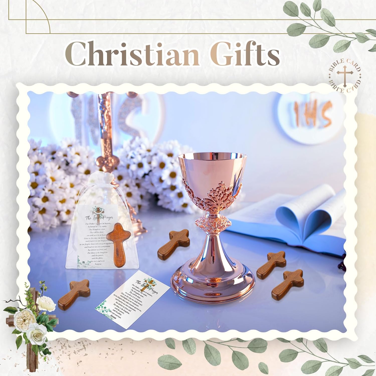Kigley 60 Set Mini Wood Holding Crosses Bulk 60 Small Pocket Hand Crosses 60 Prayer Cards 60 Bags for Christian Church Jesus Cross Easter Gift Bulk(Leaves,Organza)