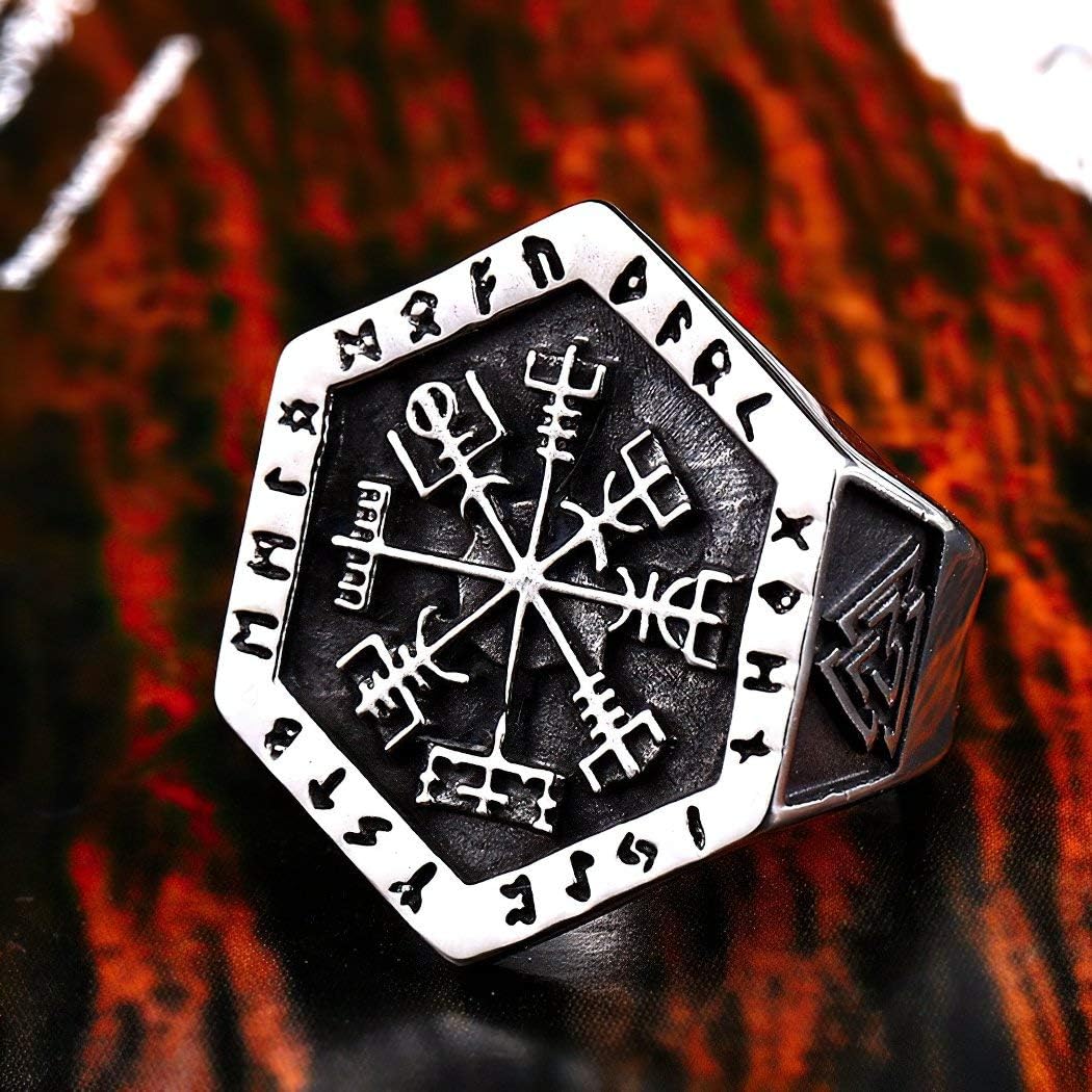 Stainless Steel Viking Runic Compass Vegivisir Ring for Men Women, Norse Pagan Jewelry Ring - Image 2