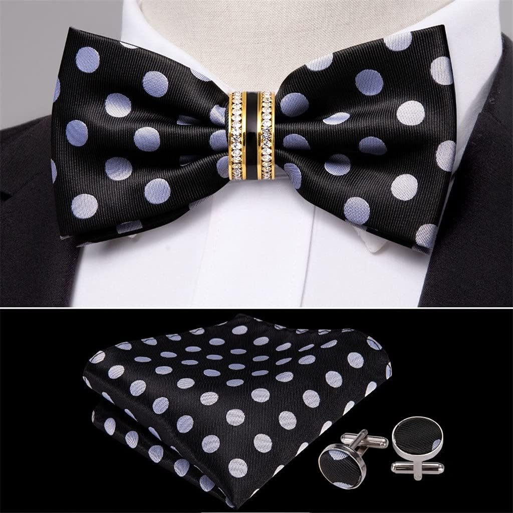 JJZXD 男性の結婚式のアクセサリー調節可能な蝶の取り外し可能なダイヤモンドリングセットのための黒い水玉模様の絹の蝶ネクタイ (C