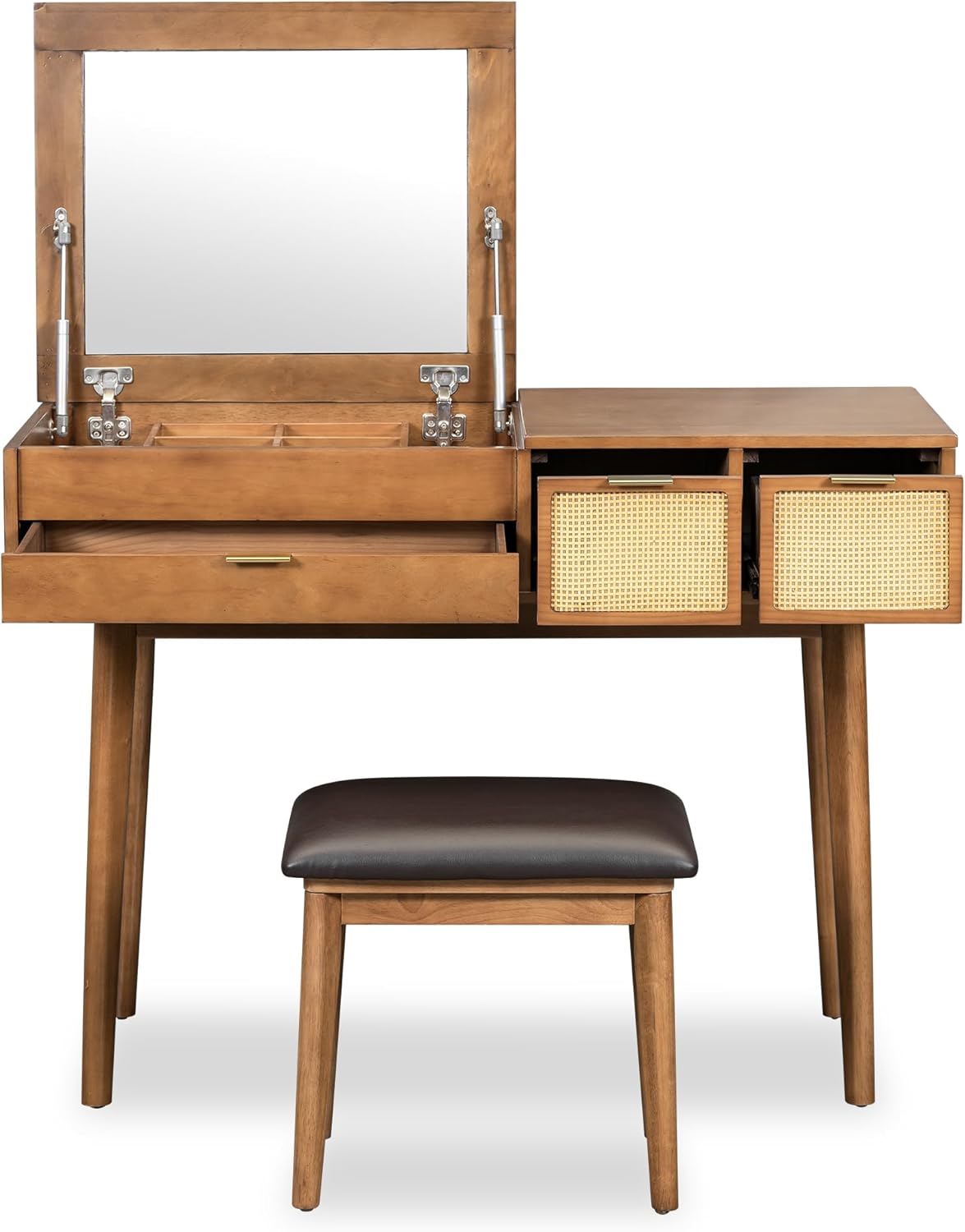 Merax 43.3" Classic Wood Makeup Vanity Desk Set with Flip-top Mirror, Dressing Table with 3 Storage Drawers and Cushioned Stool, Brown