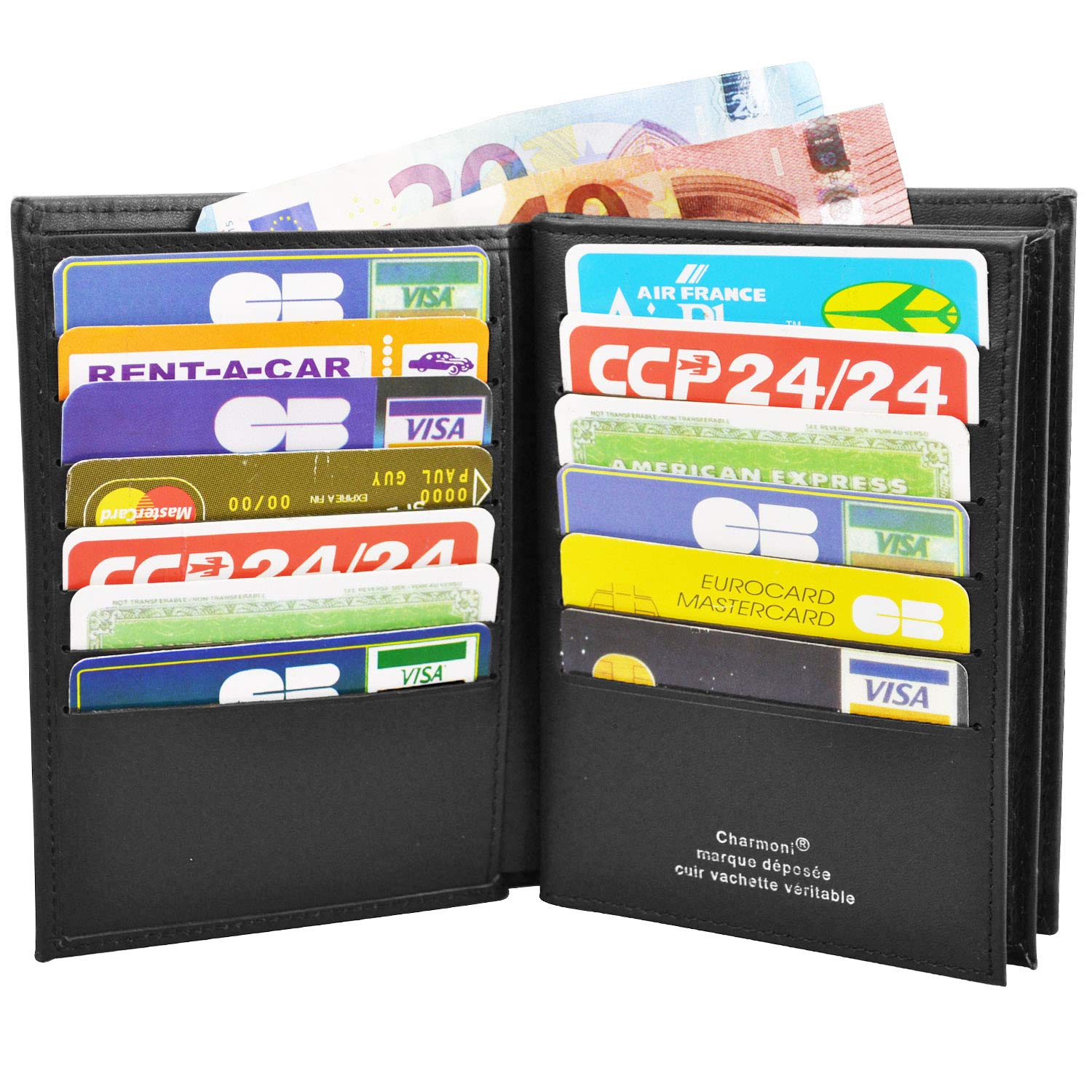 Charmoni - Max - Grand Portefeuille - Portefeuille Homme - Anti piratage Protection RFID Blocage - 4 Volets - Cuir Vachette - 22 Carte Bleu - Rangement complèt (Cuir Vachette, Noir)