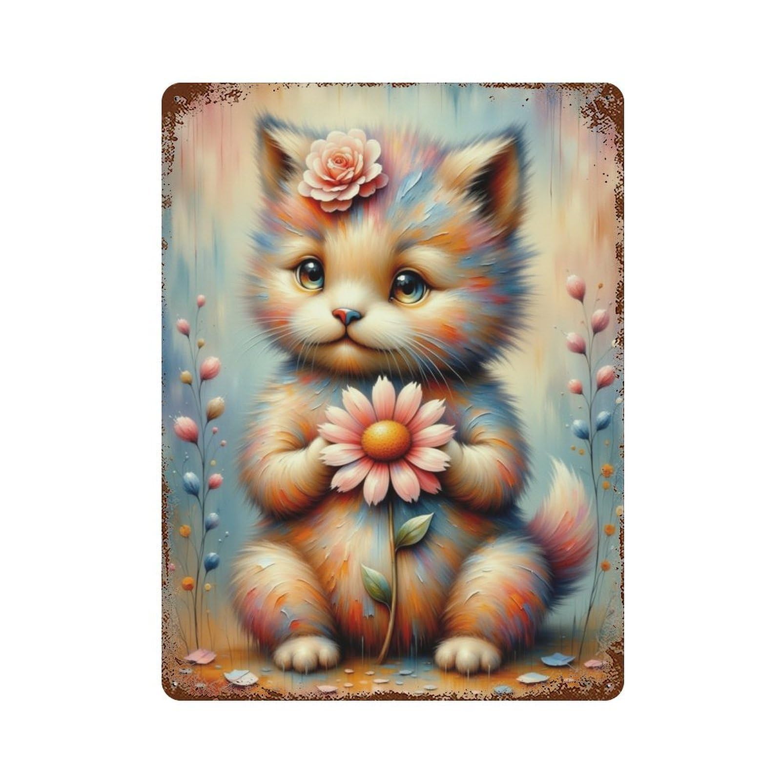 Floral Kitten Art Print Rusty Metal Tin Sign 15.7"x11.8", Old School Wall Decor for Garage, Pub Or Kitchen