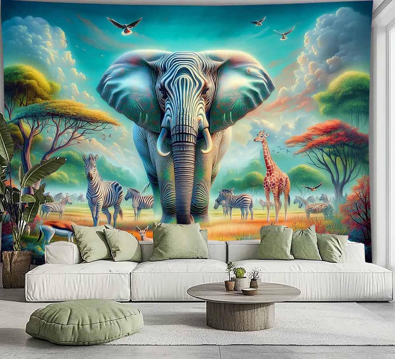 FENDROM Animal Theme Tapestry Safari Art, Africa Elephant Animal Savanna Wall Hanging Wonderland Pristine Jungle Wall Art for Bedroom Living Room Dorm Wall Blankets Home Decor