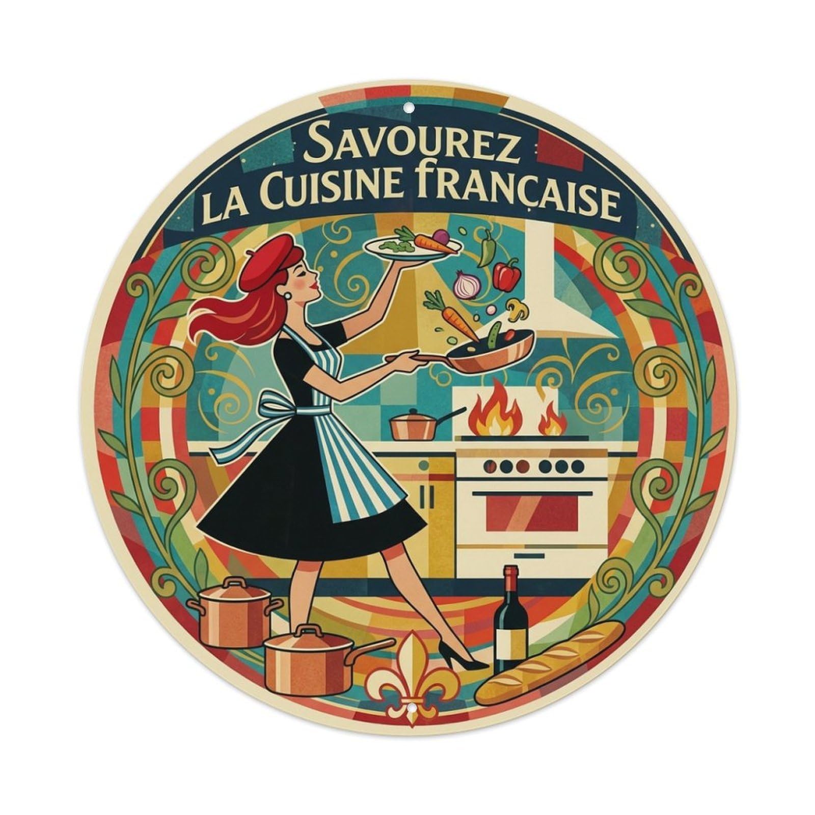 French Cuisine Kitchen Scene Travel Food Mosaic Style Metal Tin Sign