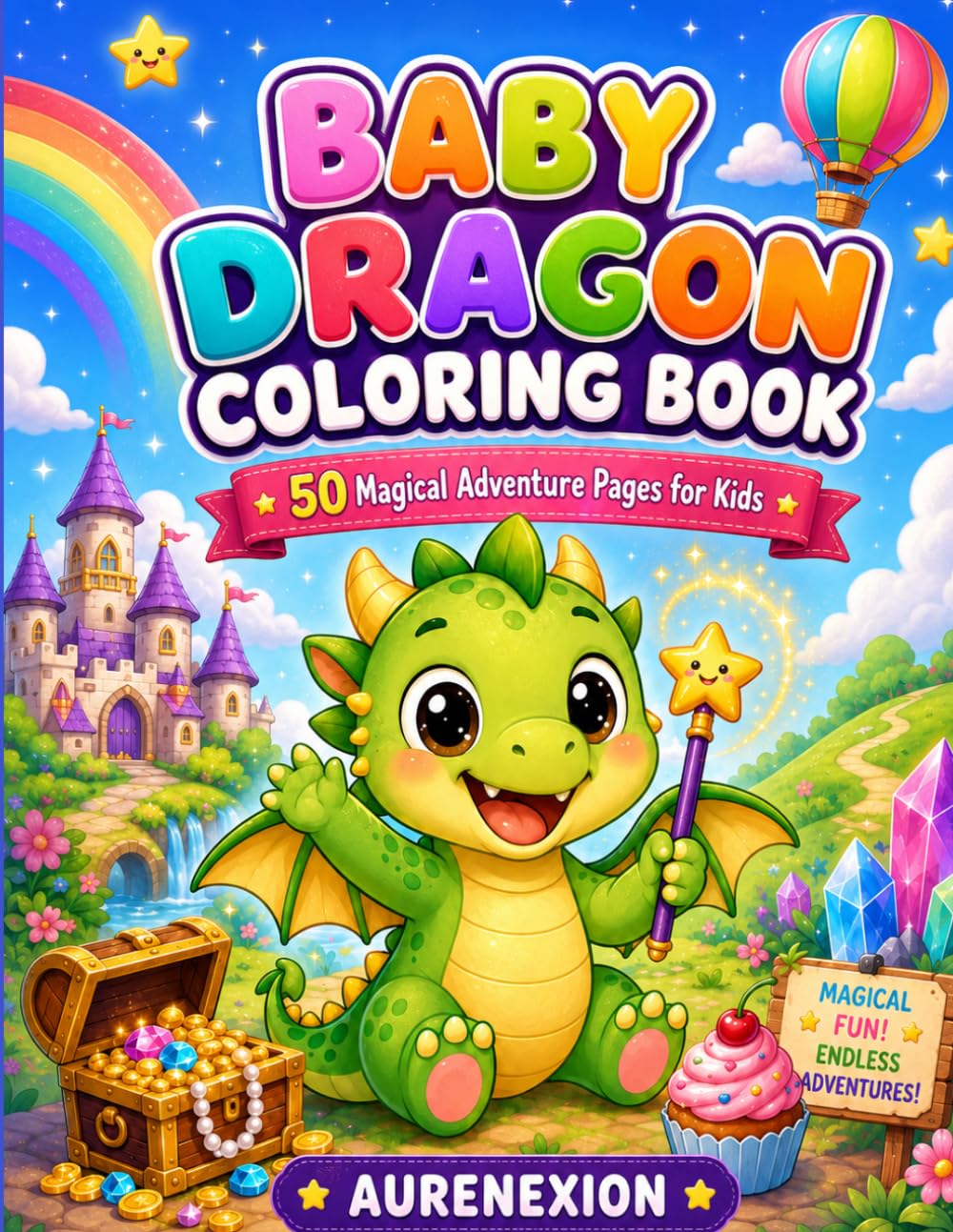 Baby Dragon Coloring Book: 50 Magical Adventure Coloring Pages for Kids with Cute Dragons, Castles, Treasure, Unicorns, Pirates, Space, and Fantasy Fun (AURENEXION Cute Animals Collection)