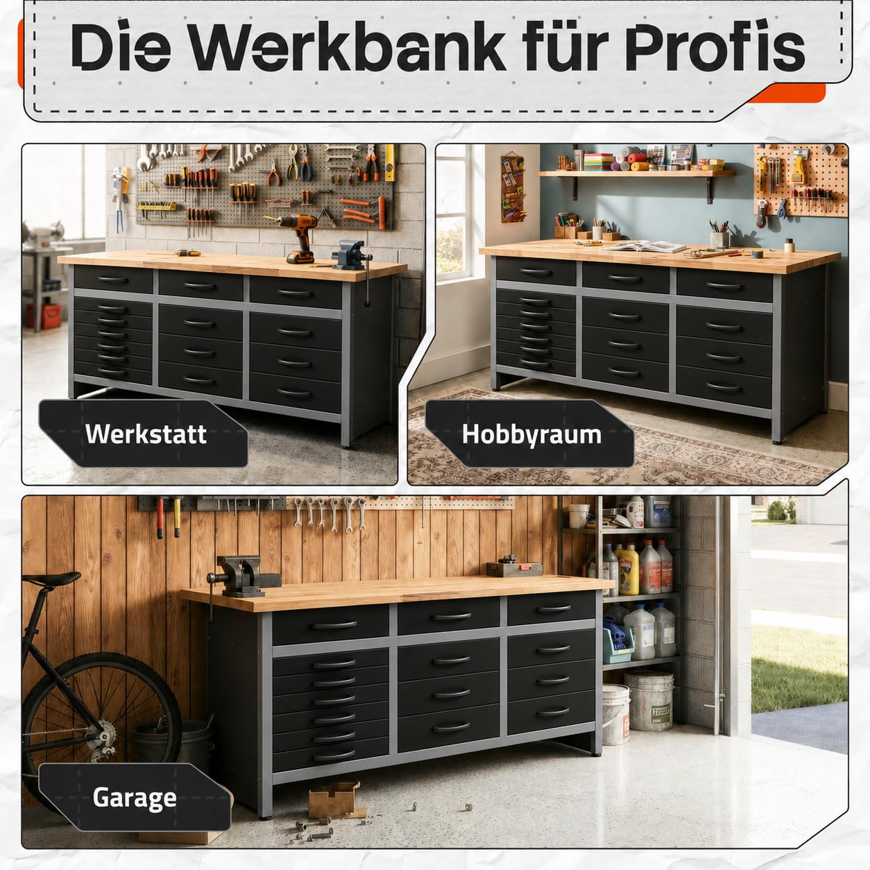 Ondis24 Werkbank Konny Werktisch 15 Schubladen 160x60x85 cm bis 450kg | Buchenholzarbeitsplatte , Metall bis 450kg belastbar