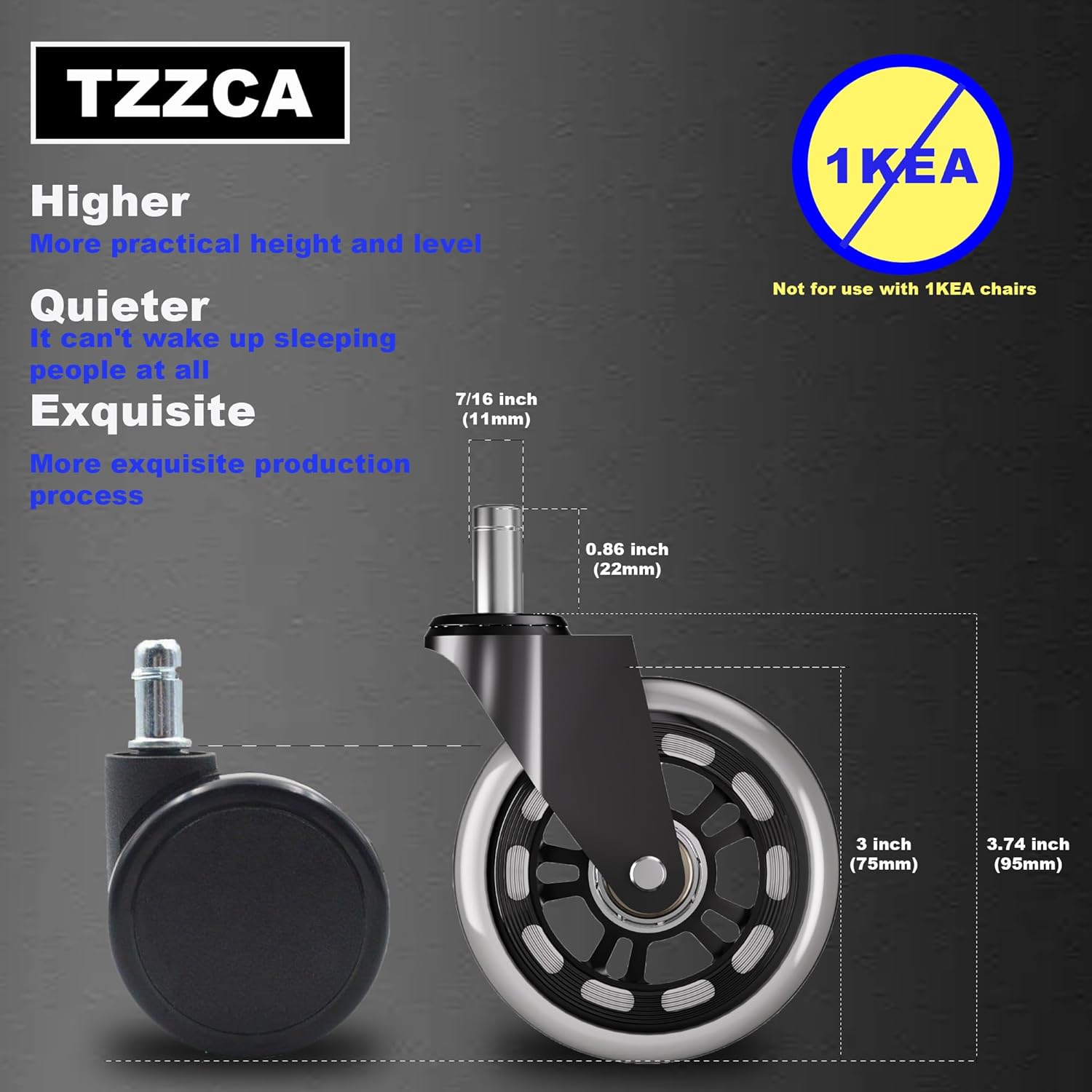 Office Chair Wheels Replacement Rubber Chair Casters for Hardwood Floors and Carpet, Set of 5, Heavy Duty Roller Blade Casters for Chairs Smooth & Silence Gliding Gaming Chair Wheels
