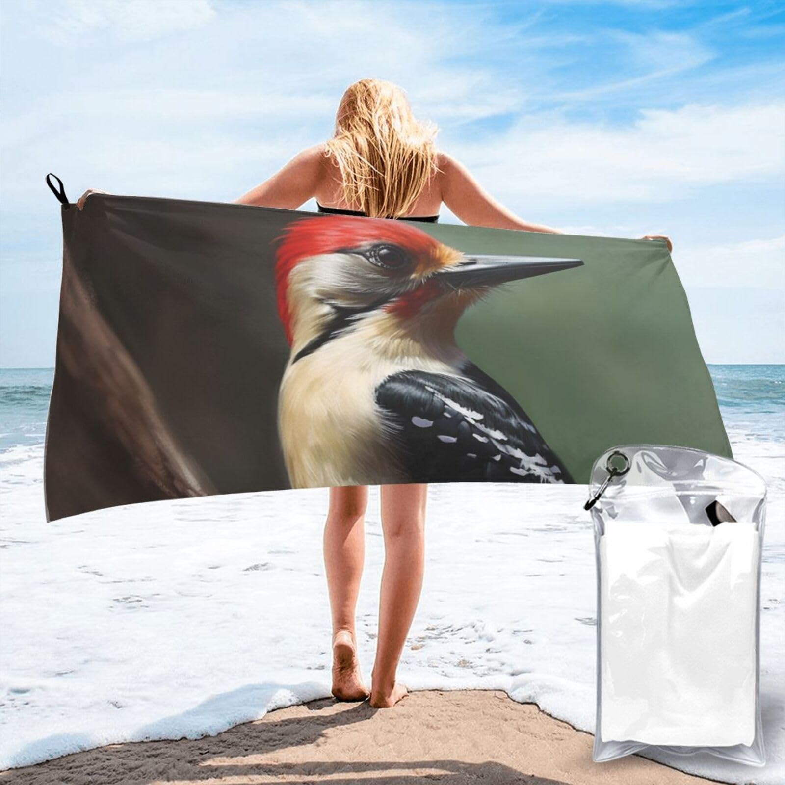 DWVTSLH Microfiber Sand Free Beach Towel 27.5"x55", Quick Dry Absorbent Travel Towel Large Camping Blanket, Woodpecker Bath Towels Lightweight Pool Swim Towels for Vacation Essentials