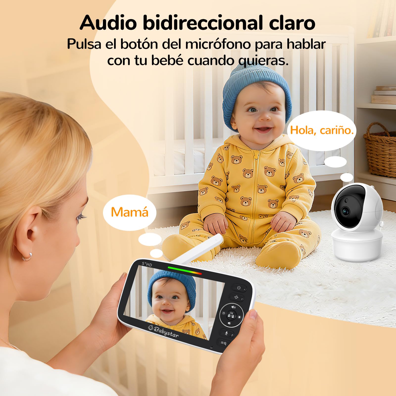 Babystar Camara Vigilancia Bebe 5" 720P HD IPS Rotación de 355° Vigilabebes con Camara Batería de 4000 mAh, Sin WiFi, VOX, Audio Bidireccional, 4×Zoom, Sensor de Temperatura y Aviso de Lactancia