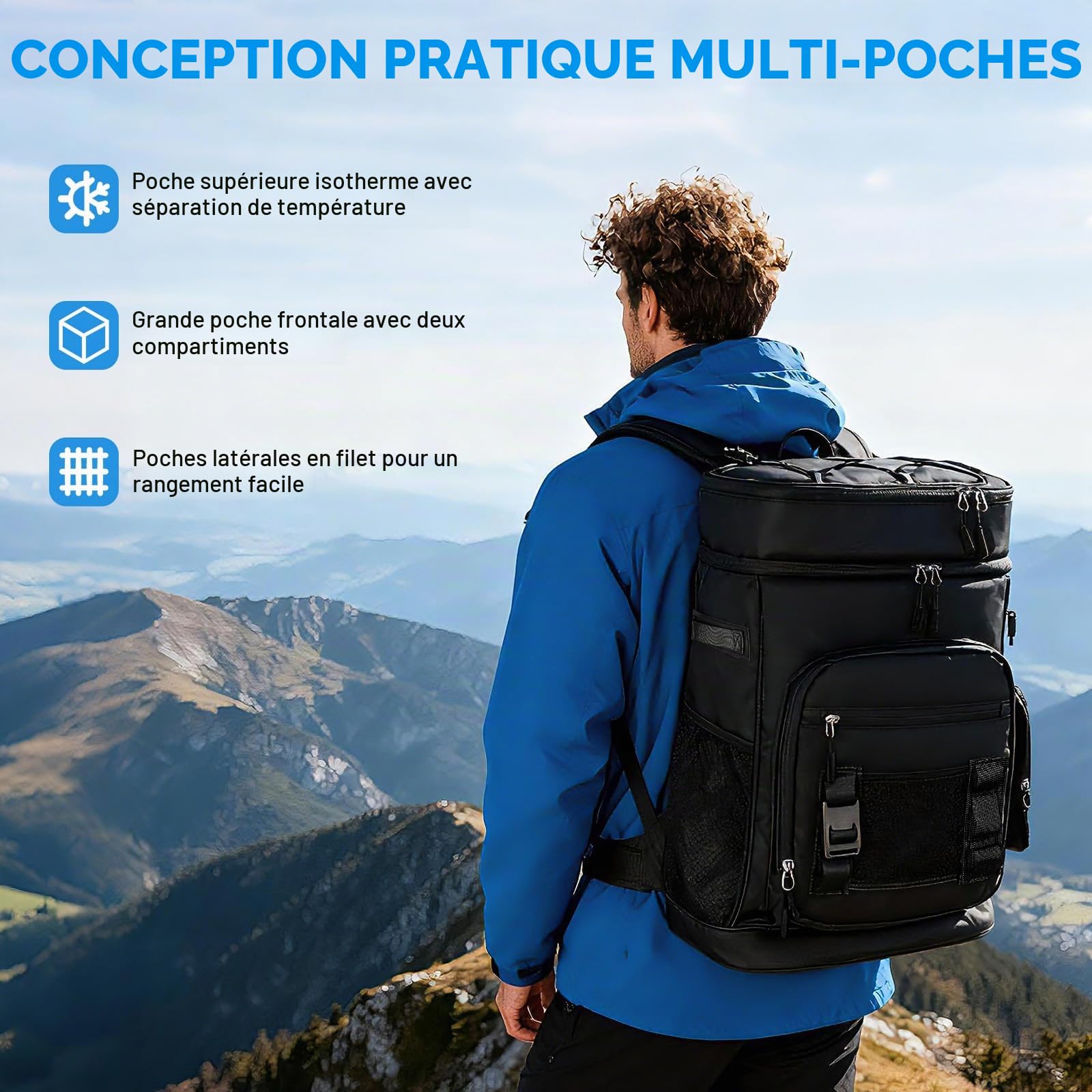 Grand Sac à Dos Isotherme Imperméable 48 Cans Capacité - Sac de Randonnée Isotherme Étanche - Glacière Sac pour Camping Pique-Nique Plage, 30L, Noir