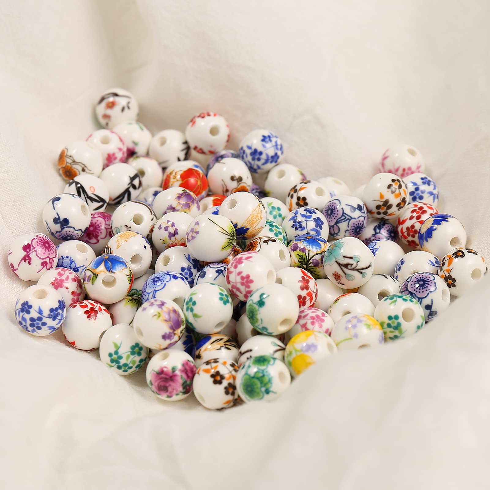 HERZWILD 100pcs Ceramic Beads Colourful Flower Beads, Round Loose Bead, Handmade Printed Porcelain Bead - Image 4