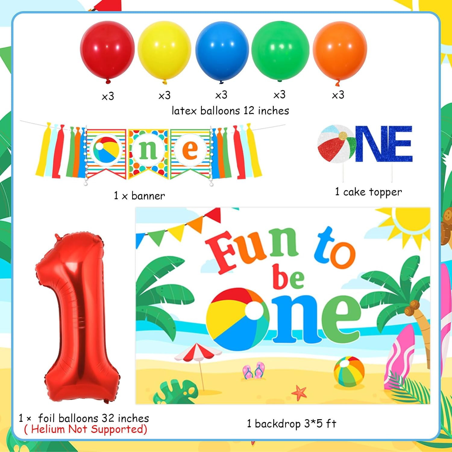 Beach Ball Theme 1st Birthday Party Decoration Summer Beach Birthday Party Supplies with Fun to Be One Beach Birthday Backdrop, Cake Topper and High Chair Banner for Swimming Pool Party - Image 6