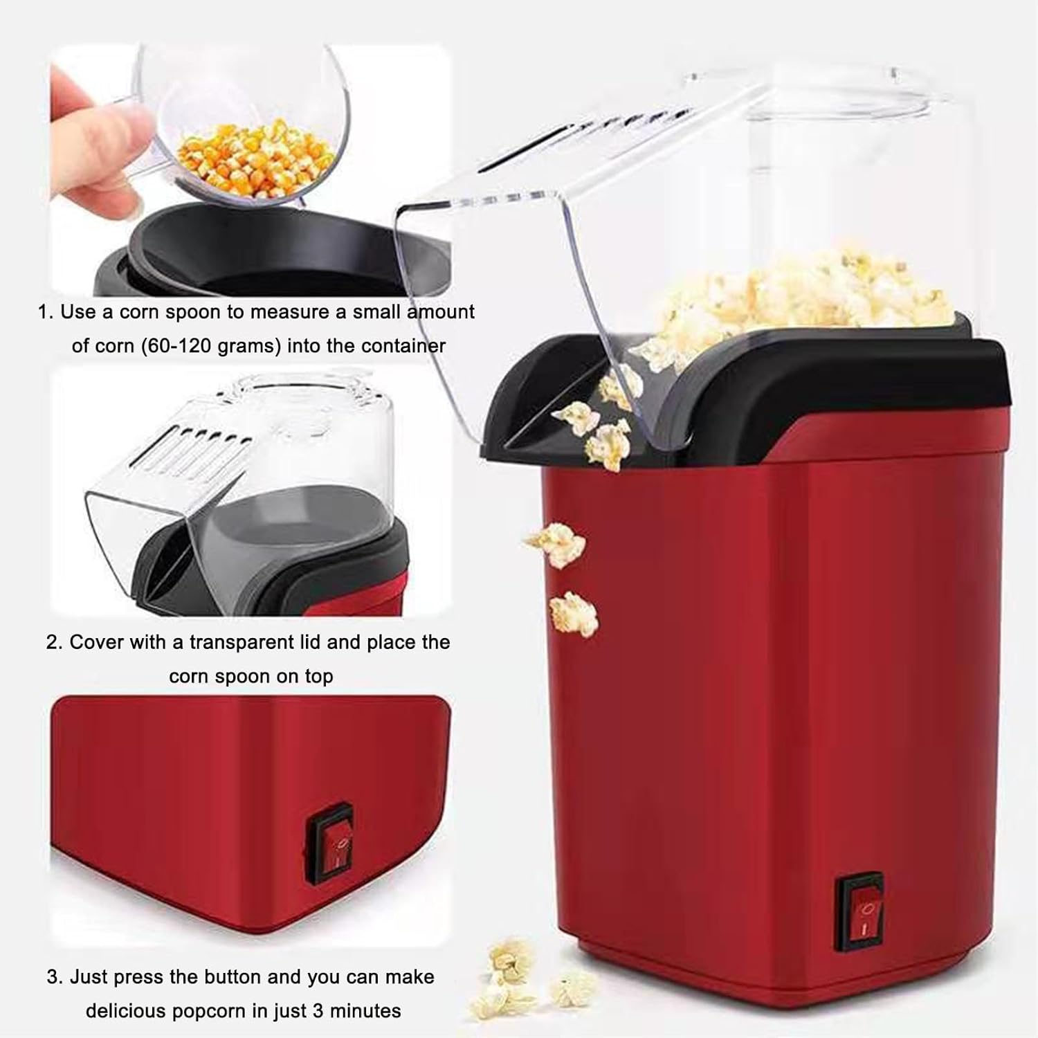 Popcorn Maker Machine, 3 Minutes No Oil Popcorn Poppers Hot Air Circulation, 1200W Electric Popcorn Machine for Kids with Measuring Cup, Pop Corn Maker for Movie Nights/Snacking/Party