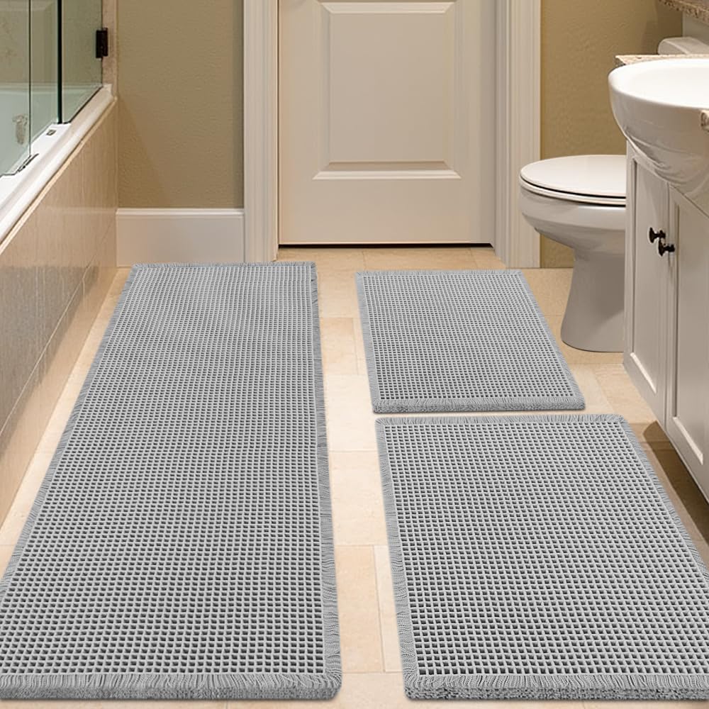 IM HOME Waffle Bath Mat Set 3 Piece Light Grey,Woven Modern Bath Rug Mats, Absorbent Non Slip Bath Floor Mat, Soft Washable Boho Bath Rugs with