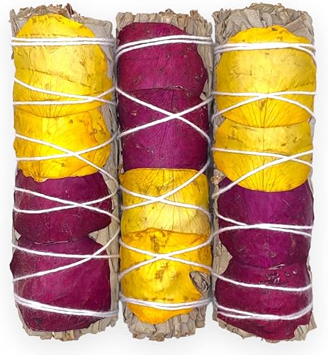 Yerbero - (Paquete de salvia de 3 piezas) 3 salvia blanca floral de California de 4 pulgadas de largo + pétalos de rosa (rojoamarillo)  Kit de