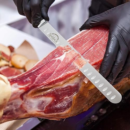 Miniatura 7 de Cuchillo de pechuga para tallar carne y rebanar carne ahumada y pavo, acero inoxidable, borde Granton, hoja de 11 pulgadas, serie de chef de
