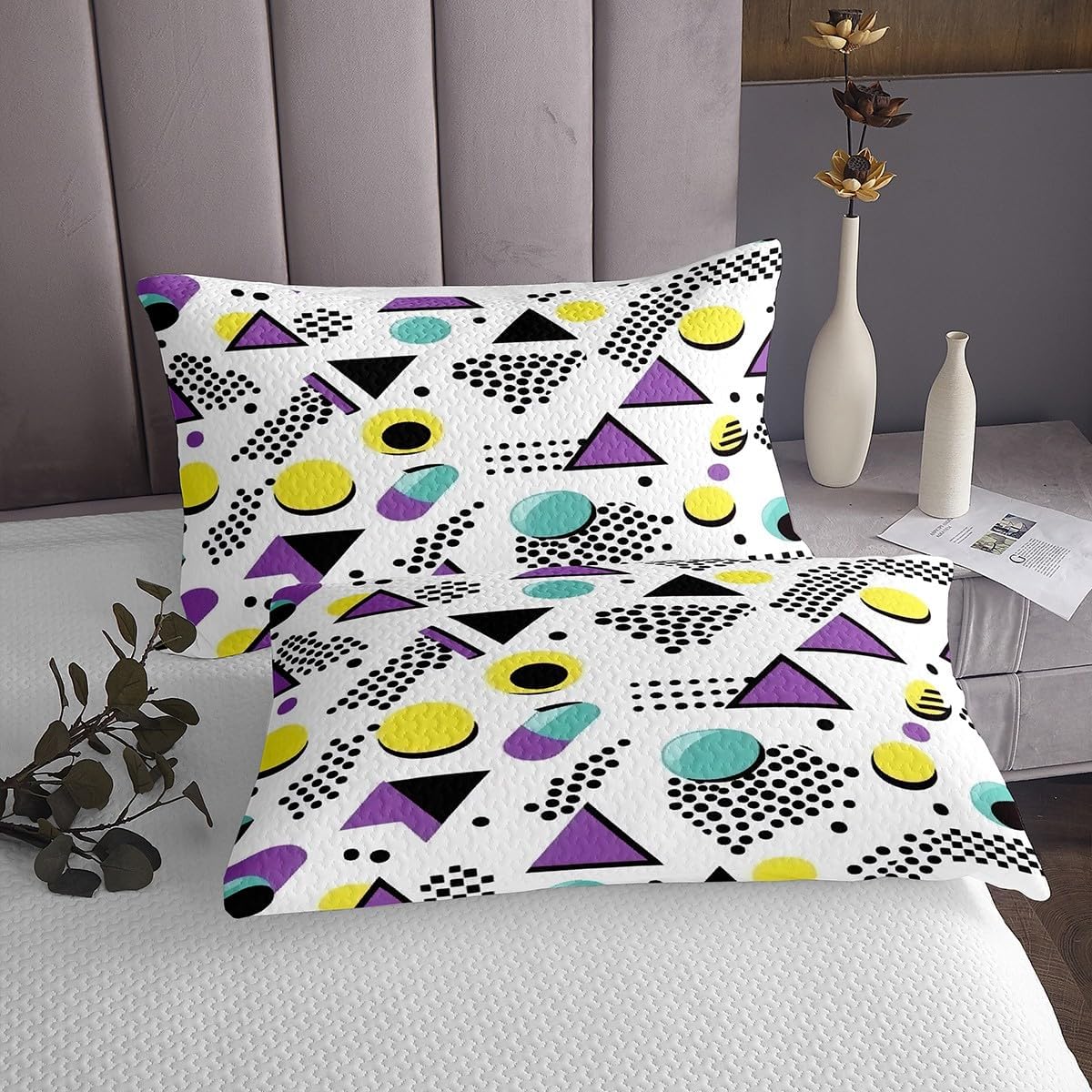 Erosebridal Memphis Geometric Pattern Coverlet Set King Size,Retro Style Round Half Moon Triangle Shapes Artwork Quilted Colorful Graphic 80s 90S Style Bedspread Abstract 1990S Memphis Home Decor