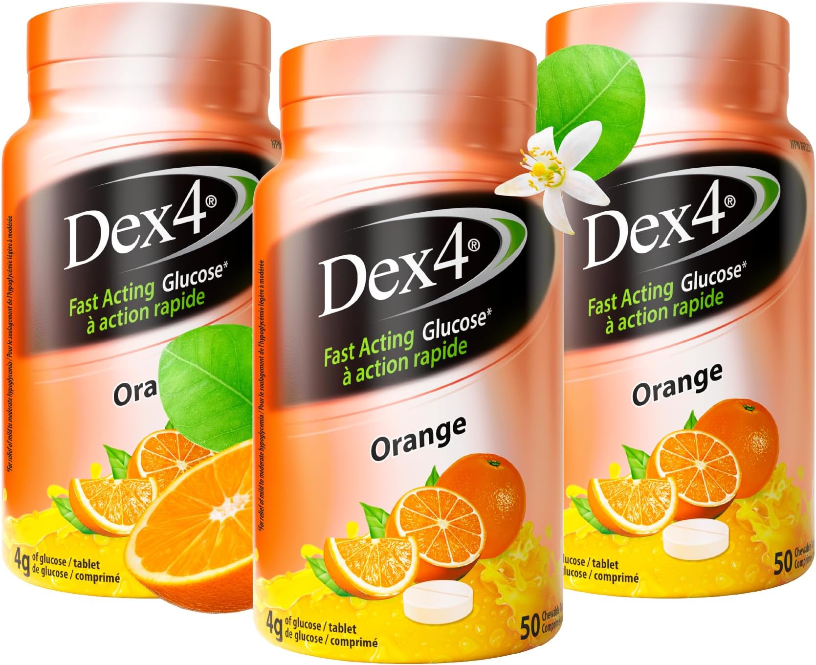Dex4 Glucose Tablets, Orange, 50 Count Bottle (Pack of 3), Each Tablet Contains 4g of Carbs