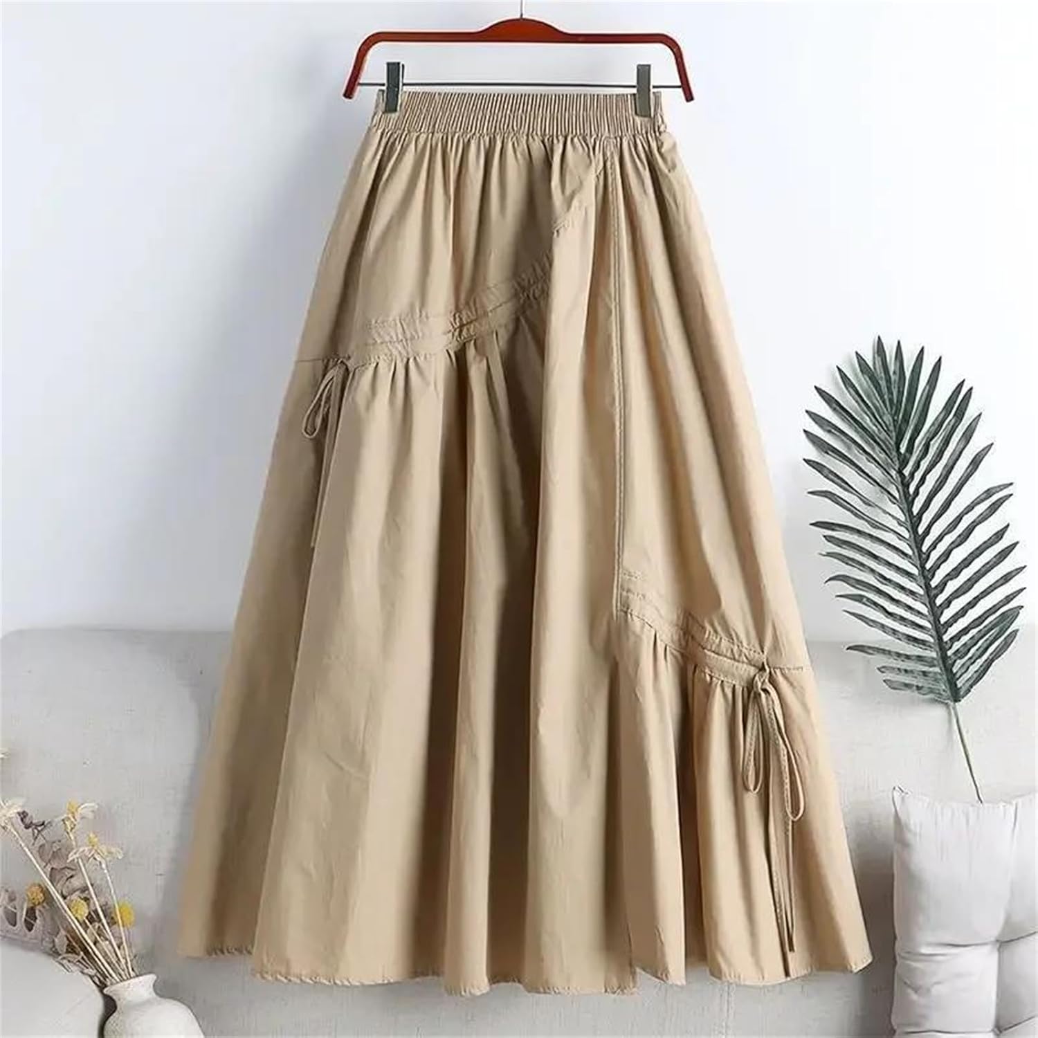 Women's High Waist Asymmetrical Belted Midi Skirt Full A-Line Shape Fashionable Skirt for Casual Wear