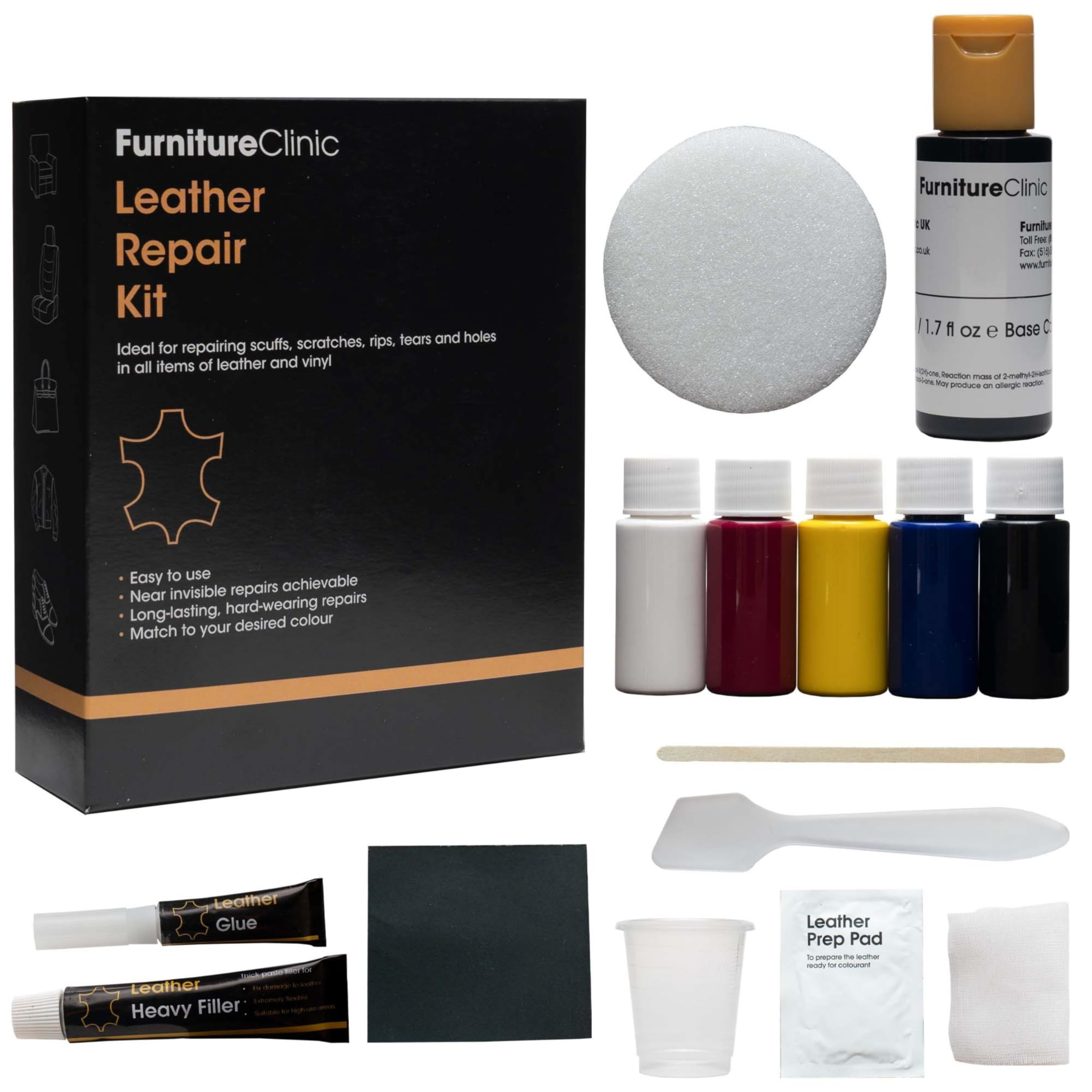 Furniture Clinic Kit de Réparation Complet pour Cuir Noir Inclut Surface Abîmée Vinyle et Simili sur Sofa, Fauteuil, Siège Auto pour Les Petits : Trous, Accrocs, Déchirures, Brûlures et Rayures