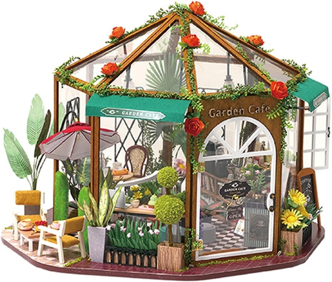 Diyドールハウスキット フラワーコーヒーミニチュアハンドメイドドールハウス構築キット ダストカバー付き 子供と大人への素晴らしい贈り物 Color Green 最安値