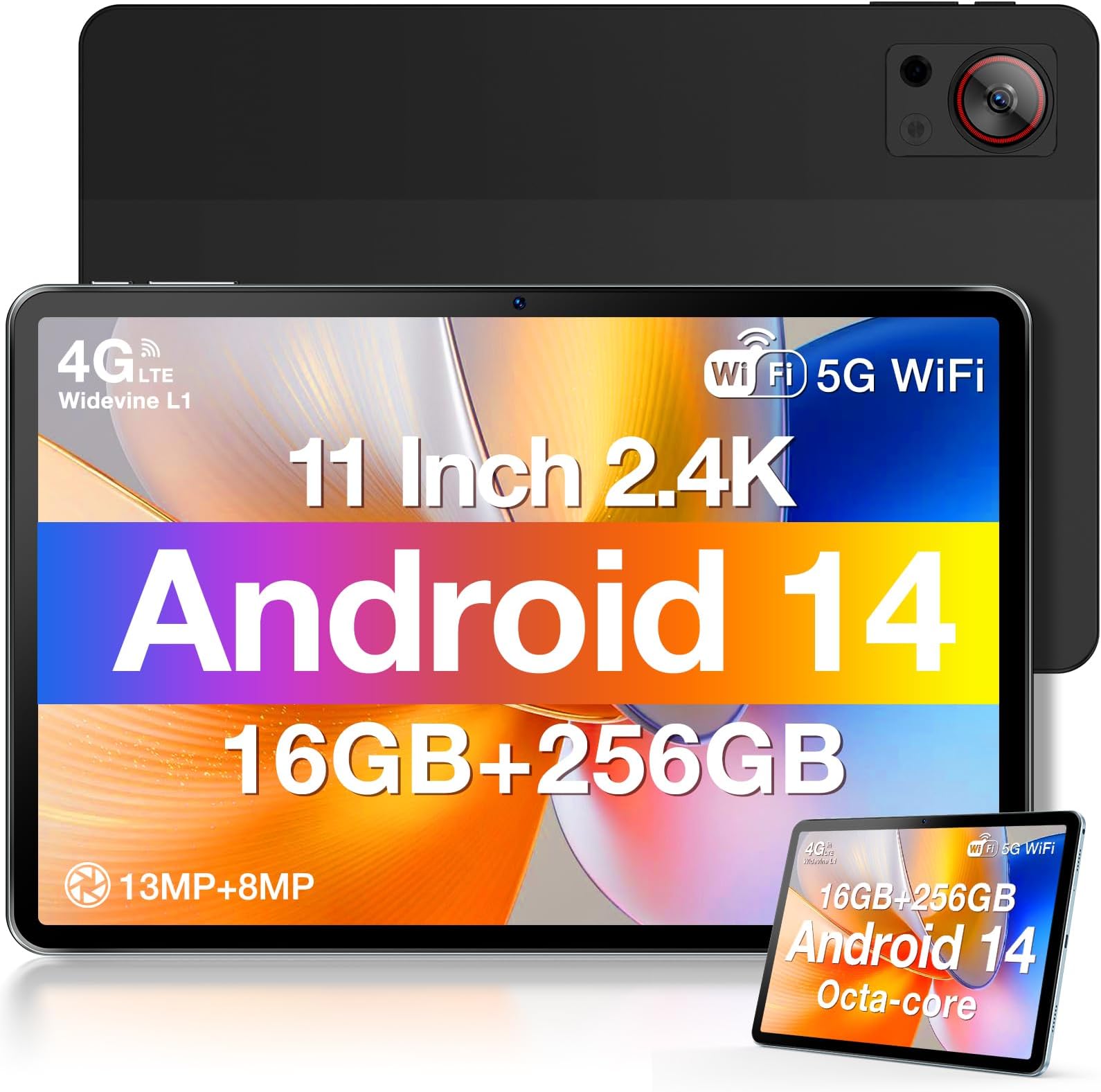 T30S 2024 Newest 11'' Android 14 Tablet - 16GB+256GB/1TB, 2.4K Display, 8580mAh Battery, 4G-LTE, Bluetooth 5.0, 13MP+8MP Camera, GPS, Type-C, Metal Body - Black