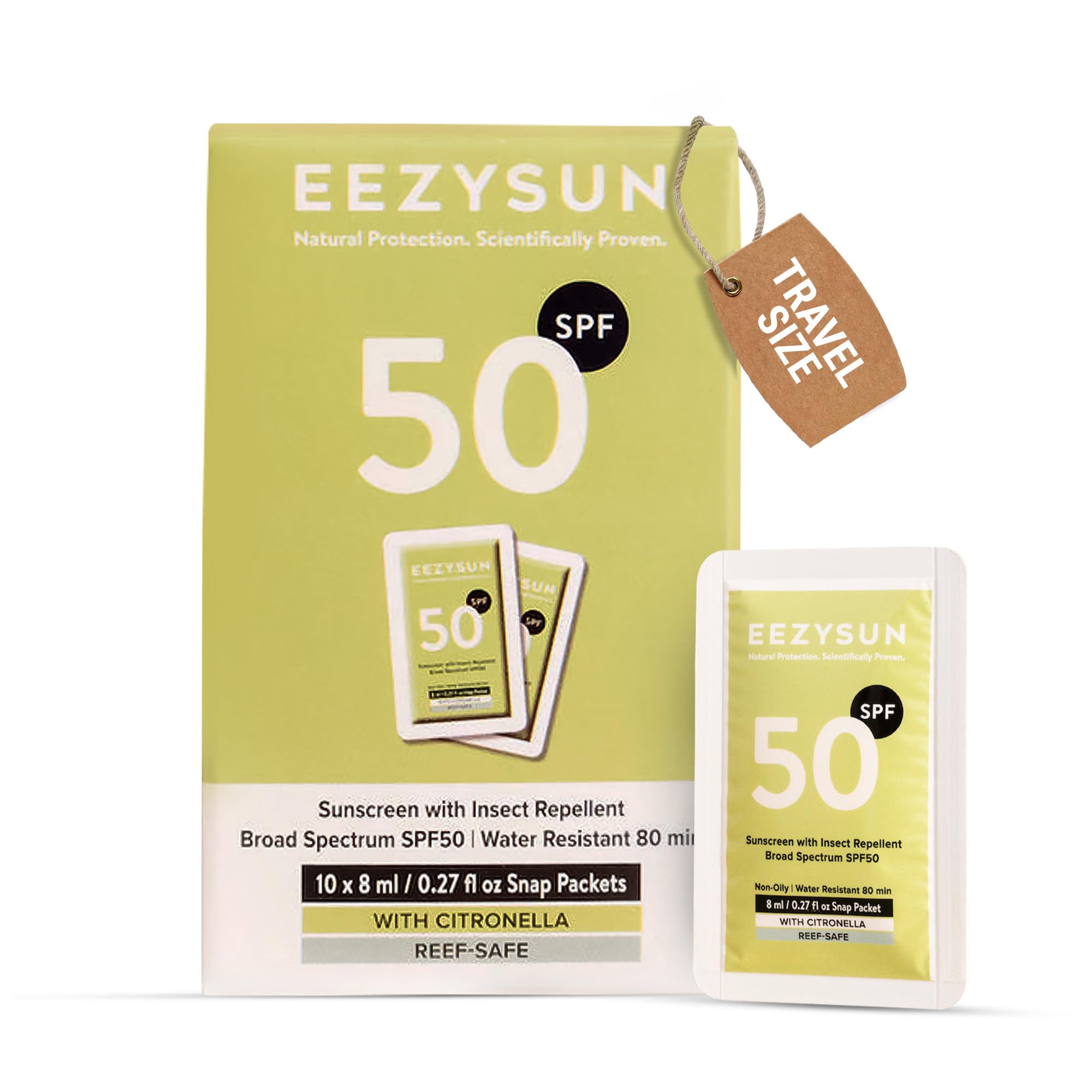 SPF 50 Sunscreen and Insect Repellent Snap Packets - Sunscreen Travel Size Bug Repellent with Citronella Oil, Lemongrass, and Neem Oil - Reef-Safe Repellent - 10 Snap Packets (0.27 fl oz each)