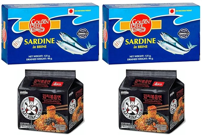 Golden Prize Sardine in Brine 125Gms (2 Units) and Paldo Mr. Kimchi Noodles 134 Gms (2 Units), Combo Pack, Pack of 4