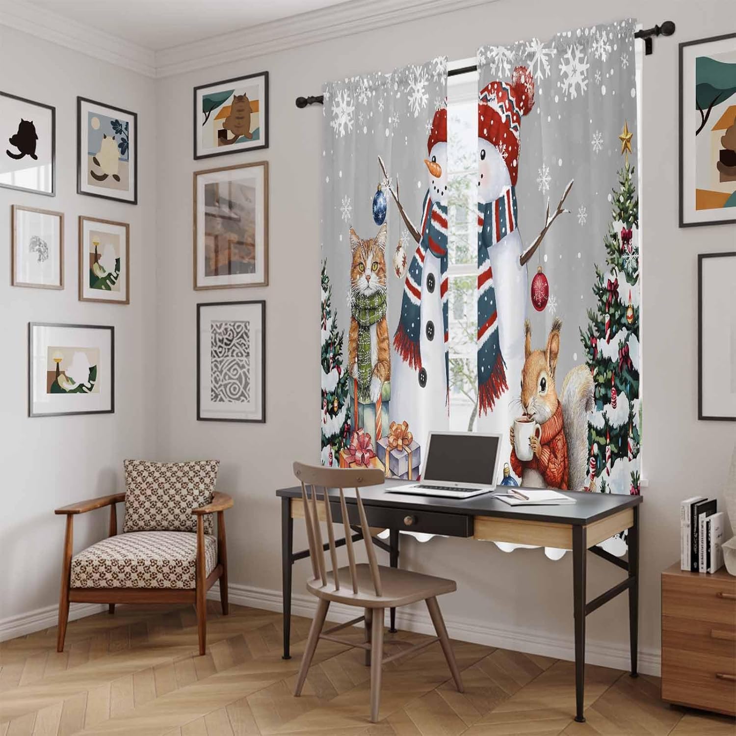 Grey Christmas Window Curtains 72 Inch Long 2 Panel Set,Rod Pocket Long Curtains & Drapes,Snowman Squirrel Cat Xmas Tree Snowflake Light Filtering Window Treatment for Bedroom Living Room 52"W x 72"L