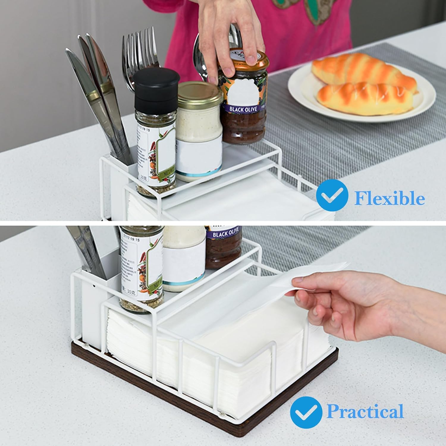 Wooden Napkin Holder for Paper Napkins - Flat Cutlery and Utensils Storage Organizer for Kitchen Dining Table - Black Napkin Holders