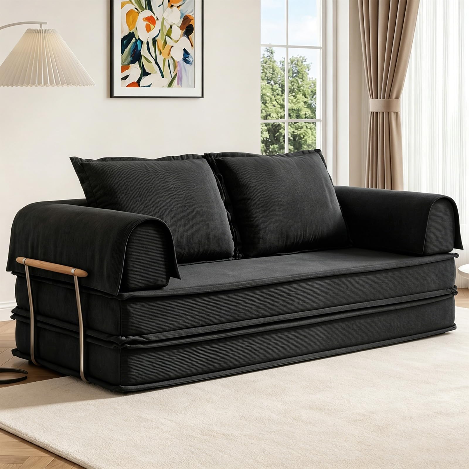 Vipbear 200cm Sofá Cama, Modular Desmontable Plegable 5 en 1, de Pana de Primera Calidad, Sofá Cama 3 Plazas Ideal para Espacios Reducidos, Negro