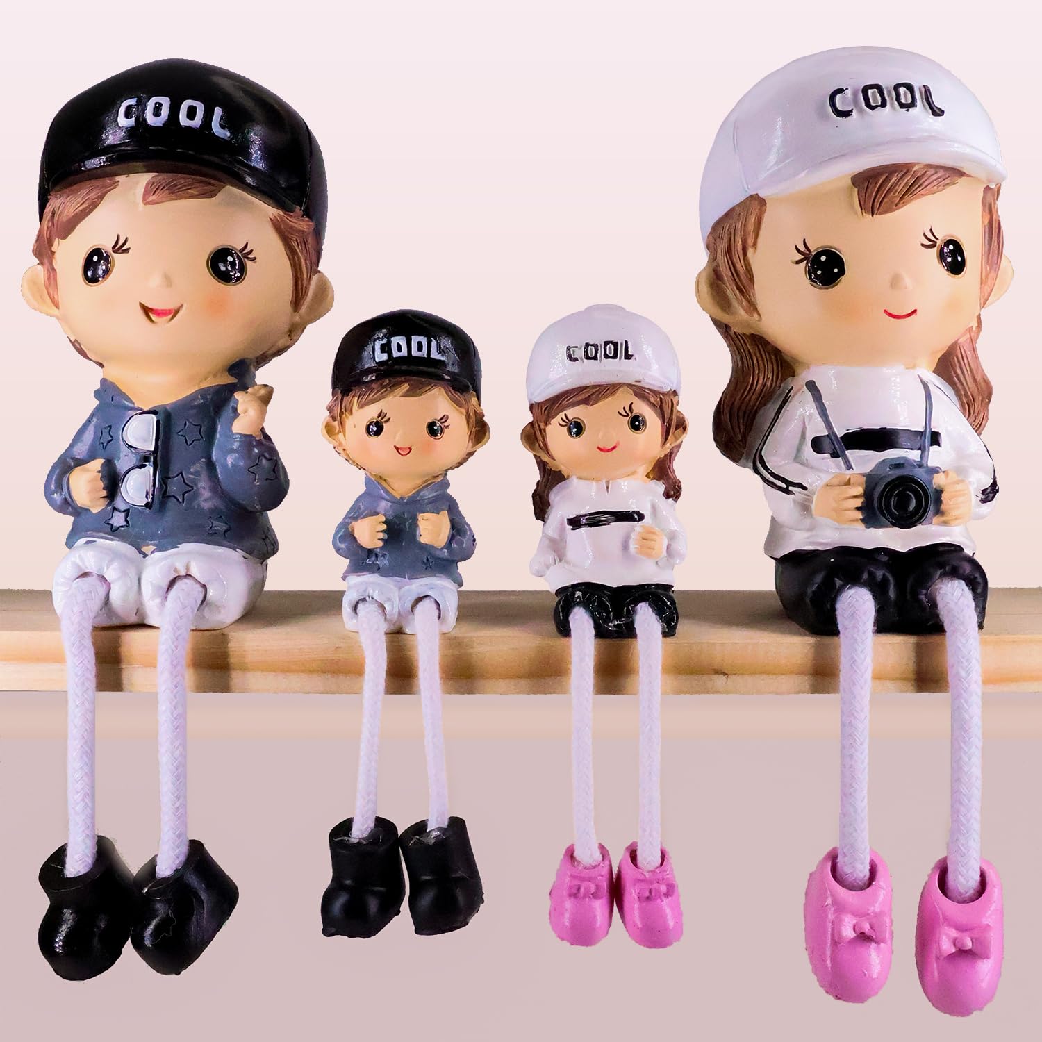Cool Set Decorative Showpiece |Gift for him/her or Someone Special | Polyresin Cute Couple Holding Camera & Goggles, Hanging Legs Showpiece - 4 Pcs Set,Multicolor