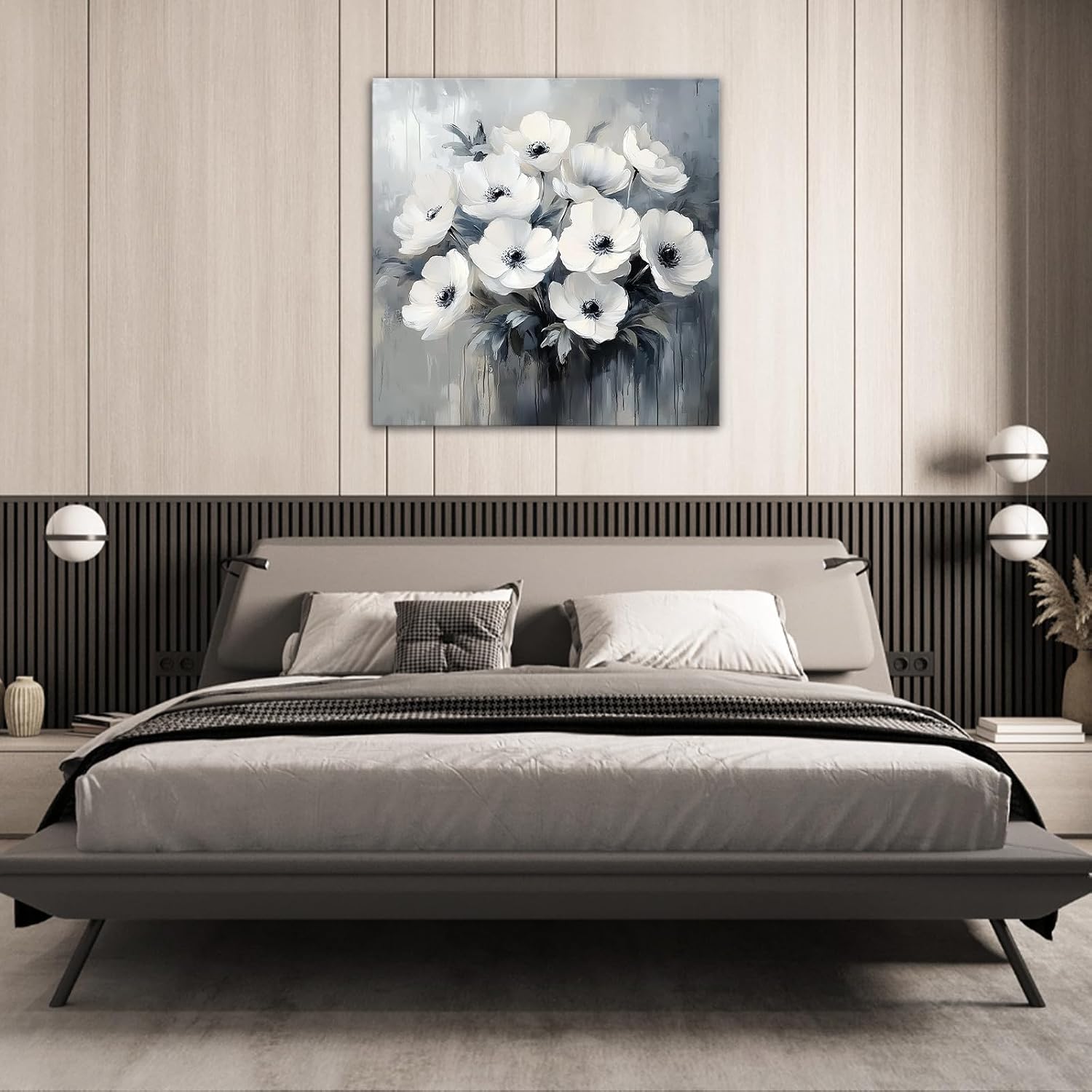 GLOKAKA Gray White Flower Canvas Wall Art Abstract Floral Bouquet Painting Prints Vintage Botanical Poster Modern Farmhouse Home Decor Ready to Hang(Artwork-3,16"x16")