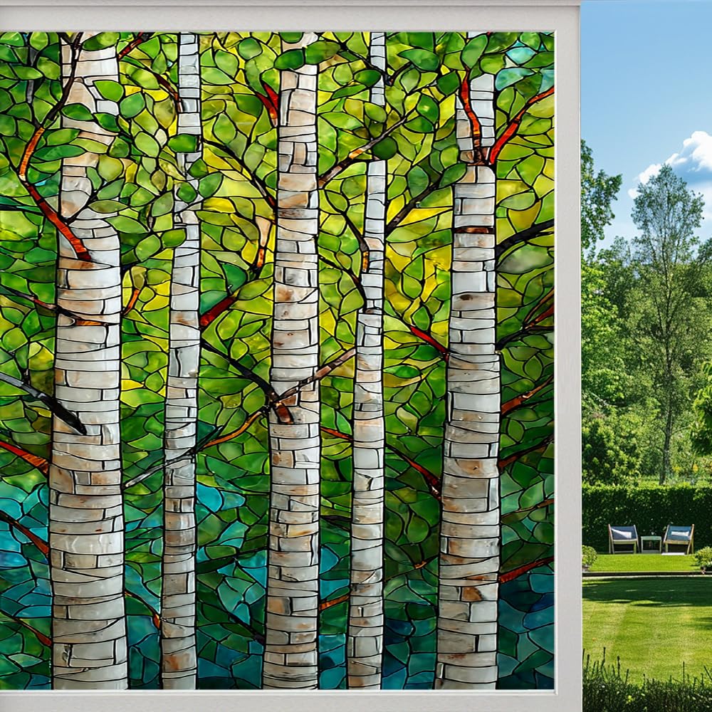 Pmlbaous Abstract Birch Tree Frosted Window Film, Natural Forest Plants Stained Glass Privacy Film, Heat Insulation Self-Adhesive Vinyl For Bathroom Office, （80X140cm）